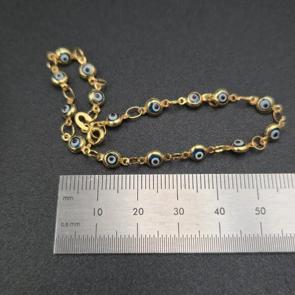 7.5 Inch Gold Over Sterling Silver Evil Eye Nazar Chain Bracelet A7304 - Picture 6 of 7